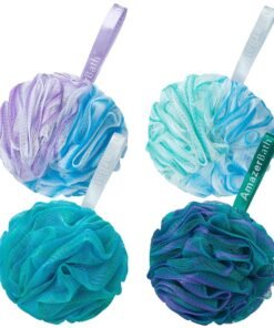 AmazerBath Loofah Sponge 75g/Piece, Exfoliating Bath Sponge Body Scrubber - Loofa Set of 4 Flower Color (Large, Green-Purple)